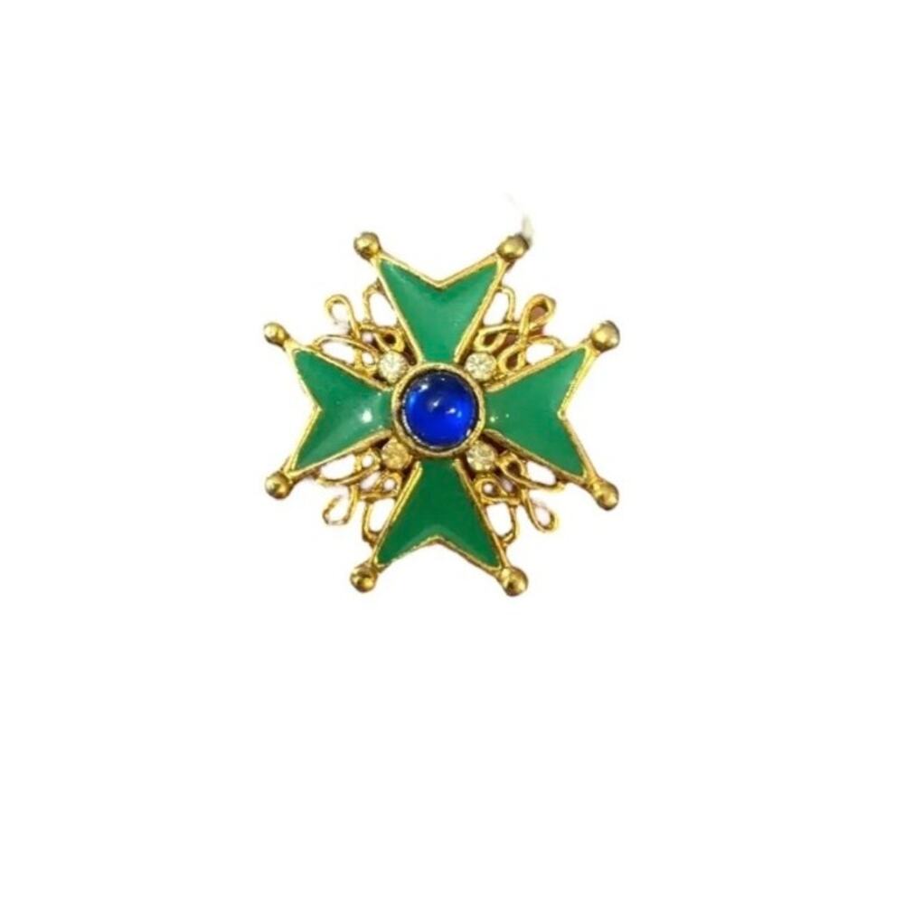 Vintage Green Enamel Maltese Cross Brooch Gold Tone Blue Cabochon Statement Pin